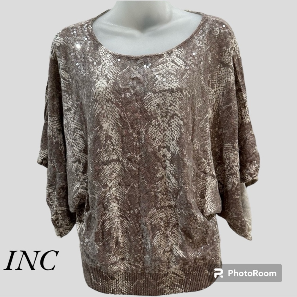 INC International Concepts Taupe Snake Print Knit Batwing Sleeve Top size Small